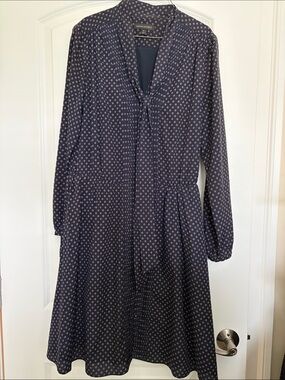 Ann Taylor Navy Dress with Pink Dot Floral Print and Tie Neck